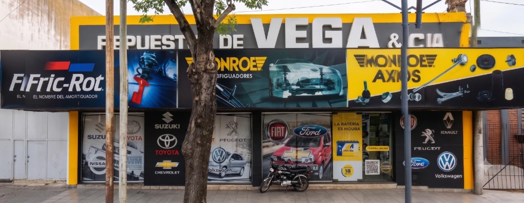 Fachada real de la casa de repuestos Repuestos de Vega & Cía en Necochea